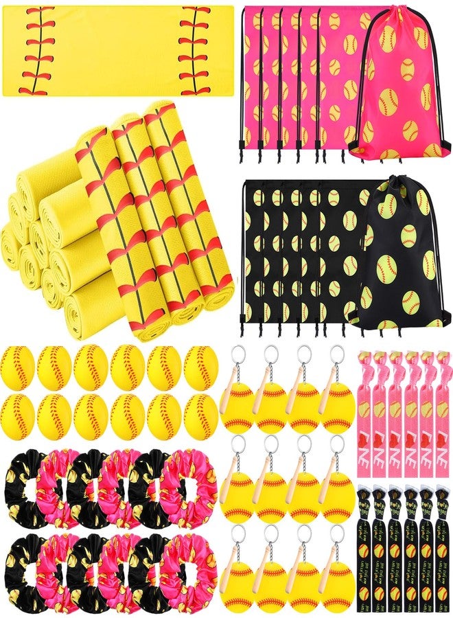 Cosblank 72 Pcs Softball Party Favors Include 12 Softball Foam Stress Ball 12 Keychains 12 Hair Scrunchies 12 Hair Ties 12 Pcs Drawstring Bags 12 Cooling Towel (Pink) - Image 1